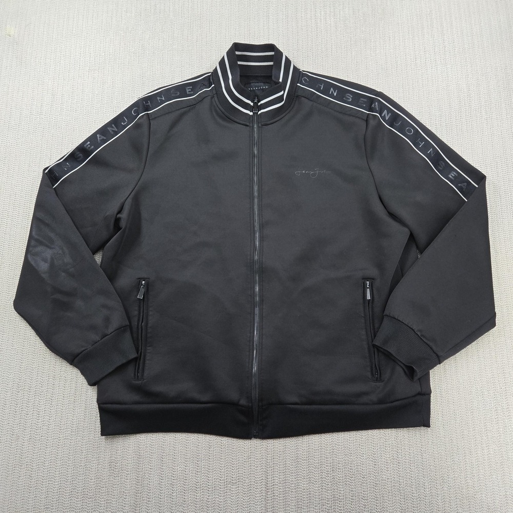 Sean John Jacket Mens 2XL Black Track Knit Full Zip Logo Tape‎ Stripe Streetwear
